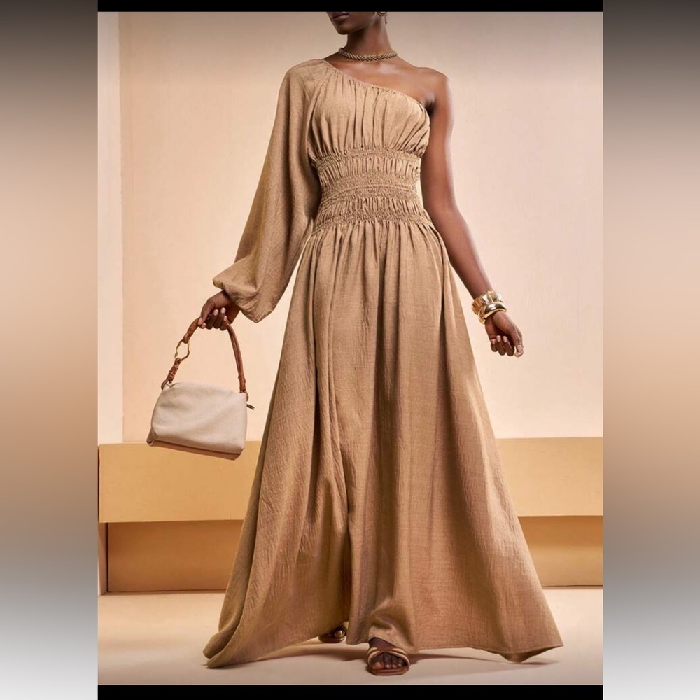 One-Shoulder Tan Maxi Dress - Elegant Smocked Waist